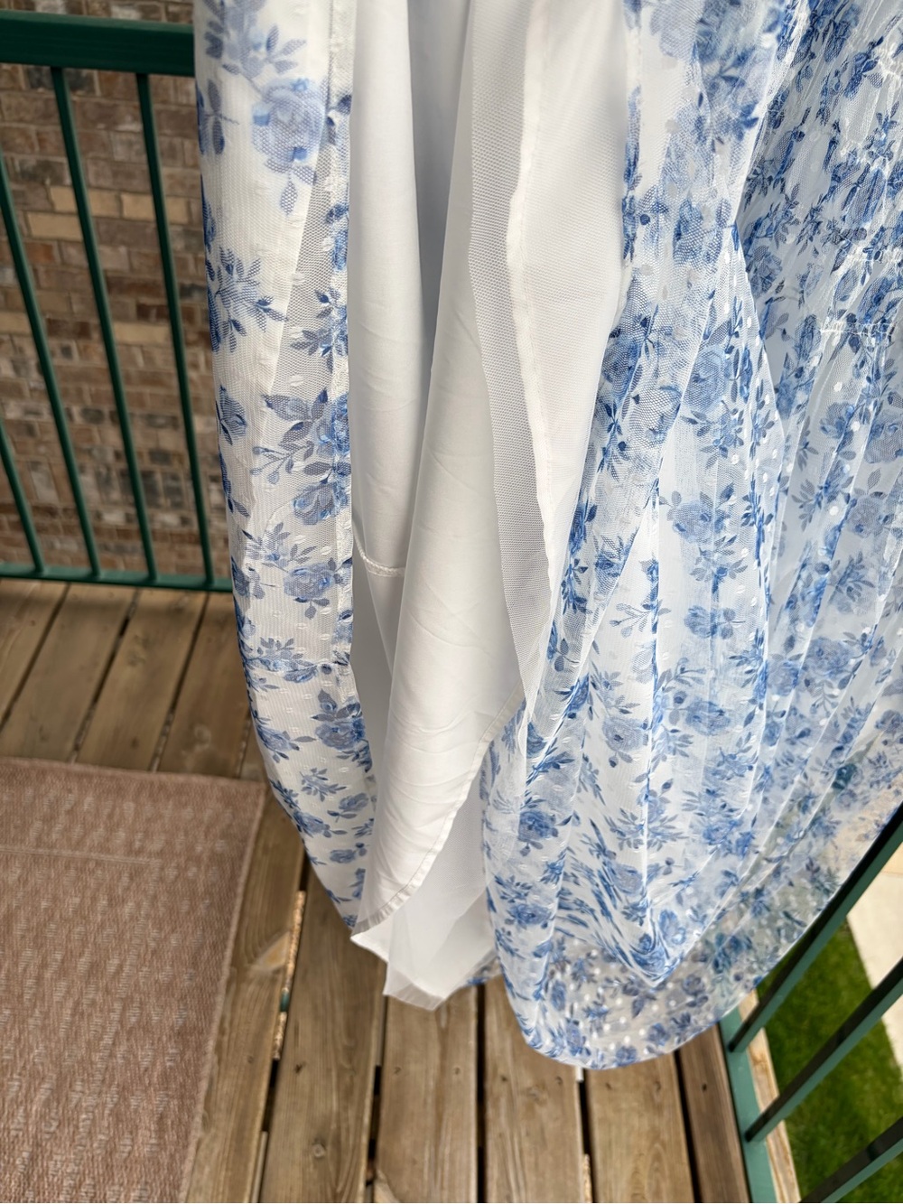 🆕🦋AQUA Blue White Floral Midi Dress Size L Bodice Tulle Overlay Cottagecore - Picture 14 of 17